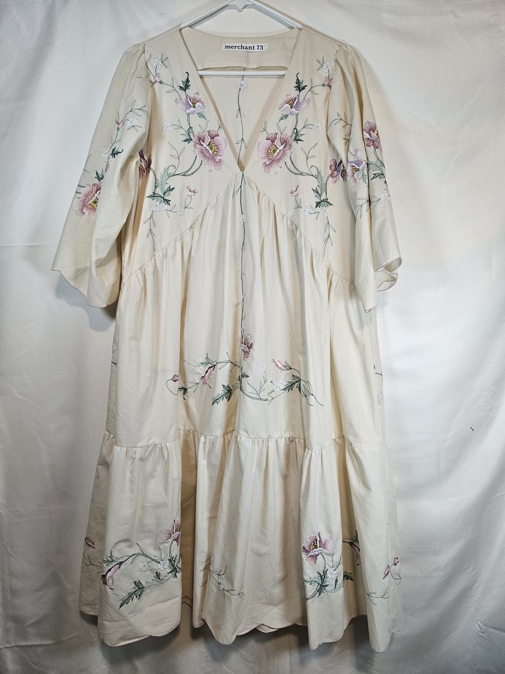 Merchant 73 Cream Embroidered Floral Midi Dress Cottagecore